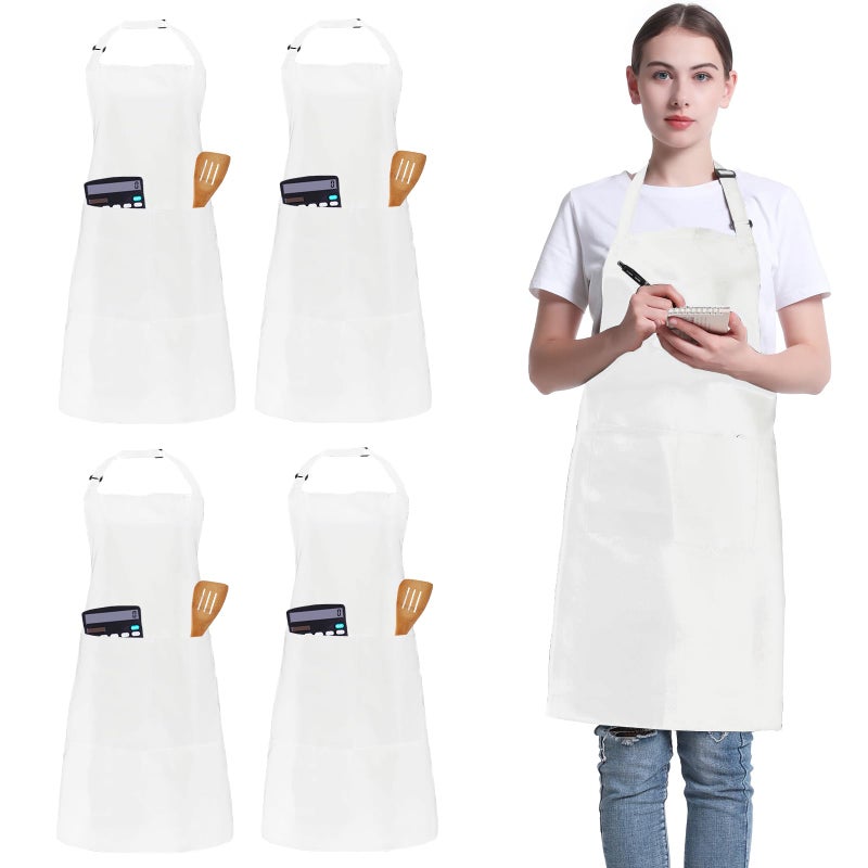 FunChaos 4 Pack Chef Apron, Adjustable Apron with 2 Pockets, Unisex Personalised Apron for Cooking, Kitchen, Restaurant (White) - Image 1